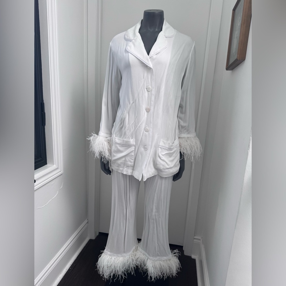 Sleeper White Feather-Trim Button Pajama Set